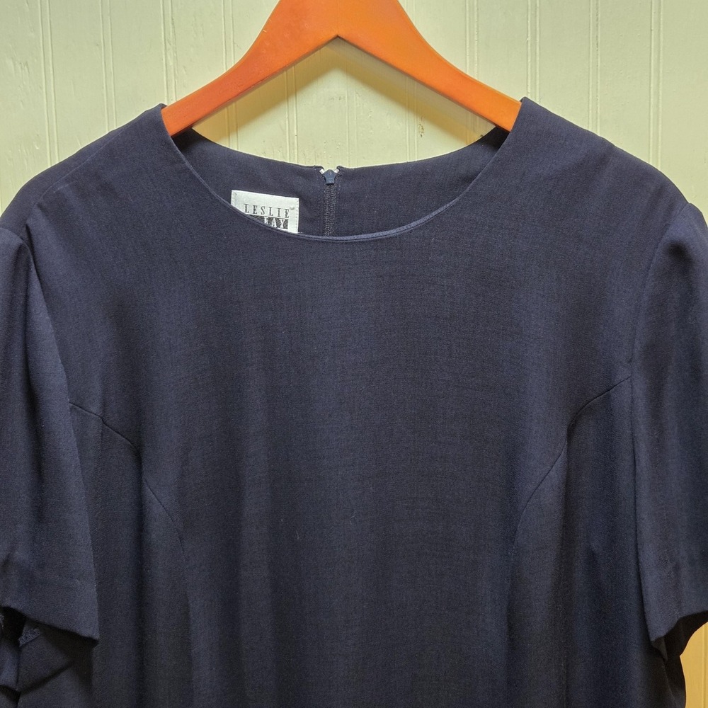 Leslie Fay Dress Womens 20 Blue Short Sleeve Round Neck Shift Knee Length Petite